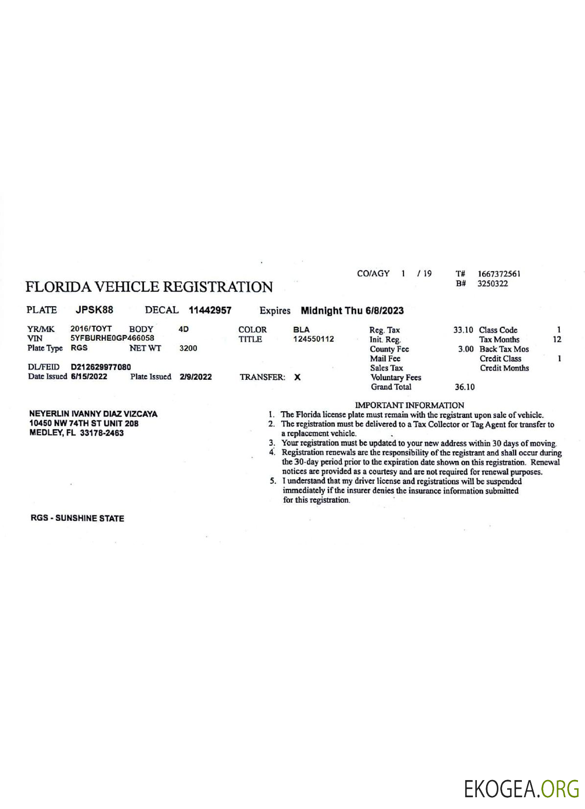 Permis d'immatriculation du véhicule aux États Unis et en Floride